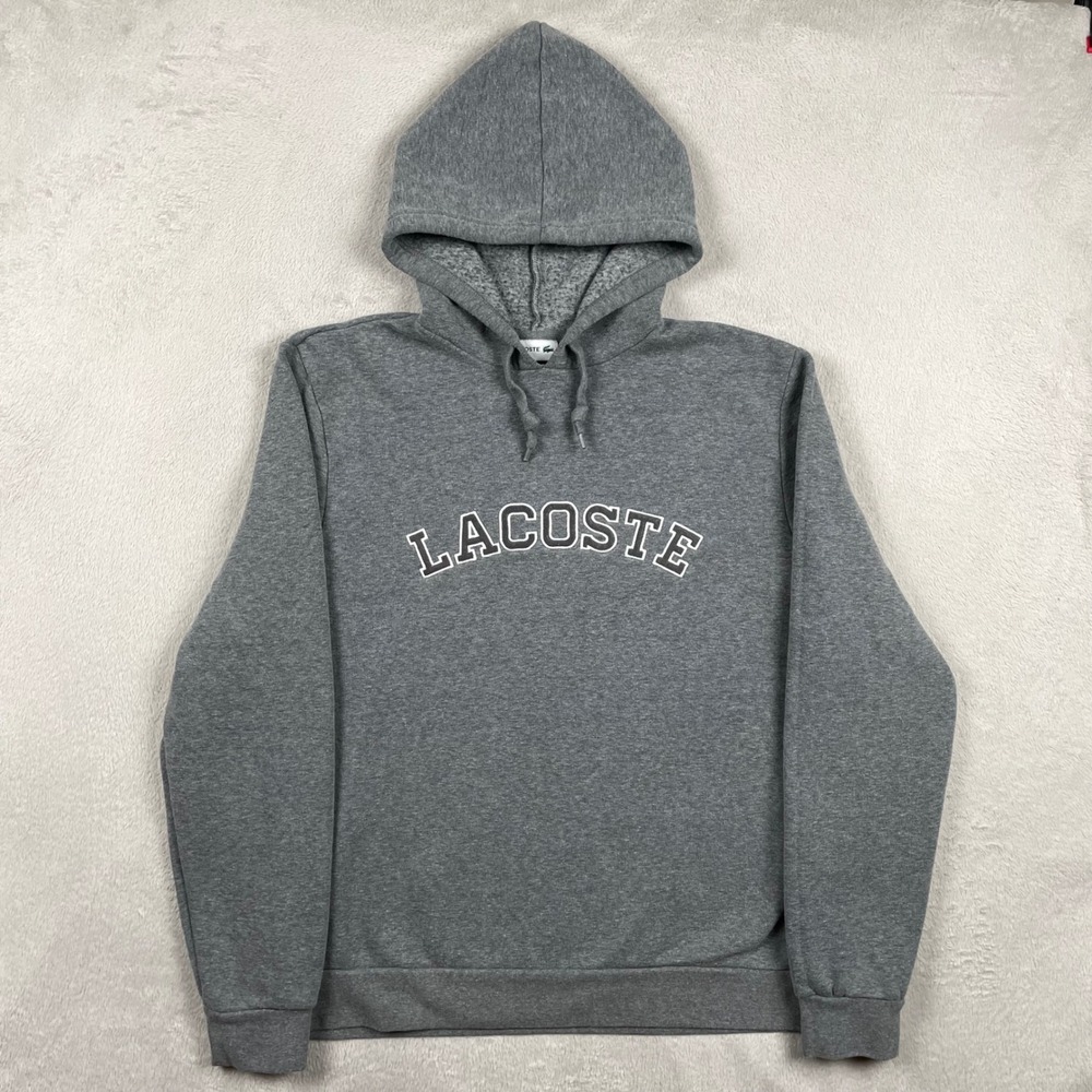 Lacoste Hoodie Mens 2XL Gray Spell Out Embroidered Logo Fleece Pullover